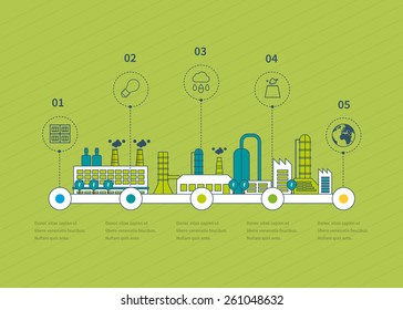 Industrial Factory Buildings Illustration Timeline Infographic Elements Flat Design.  Thin Line Icons 