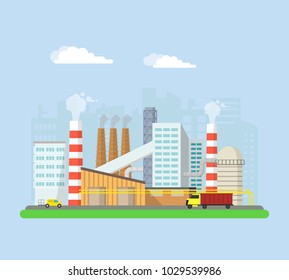 Industrial factory buildings from the outside. Pipes and blast furnaces, working machines. Buildings and facilities of the factory. Vector flat illustration