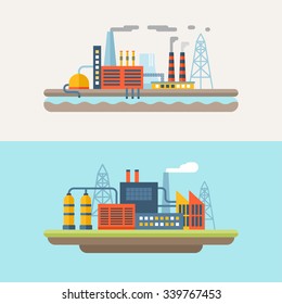 Industrial Factory Buildings. Set of Flat Style Vector Conceptual Illustrations for Web Banners or Promotional Materials