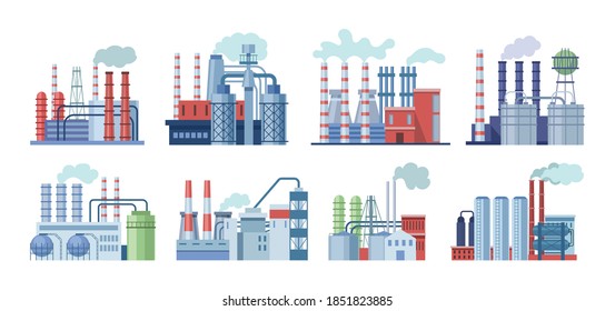 Industrial factory buildings set. Industrial buildings with pipes, power station, thermal nuclear power plants, different manufacturing plant, warehouse, factory with storage tanks for oil, gas vector