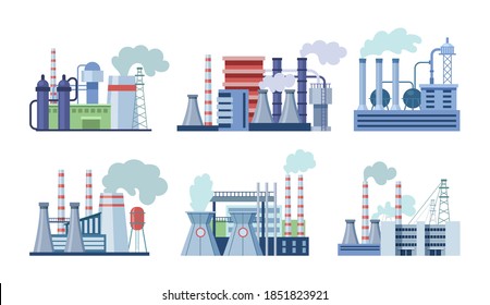 Industrial factory buildings set. Industrial buildings with pipes, power station, thermal nuclear power plants, different manufacturing plant, warehouse, factory with storage tanks for oil, gas vector