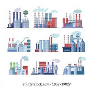 Industrial factory buildings set. Industrial buildings with pipes, power station, thermal nuclear power plants, different manufacturing plant, warehouse, factory with storage tanks for oil, gas vector