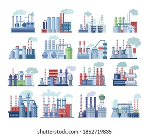 Industrial factory buildings set. Industrial buildings with pipes, power station, thermal nuclear power plants, different manufacturing plant, warehouse, factory with storage tanks for oil, gas vector