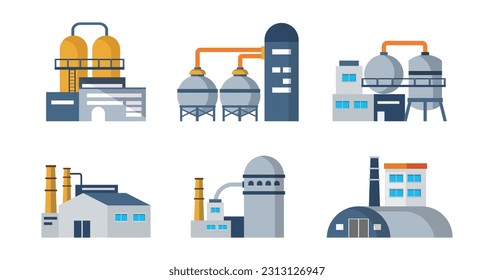 Industrial factory buildings set. Industrial buildings with pipes, power station, thermal nuclear power plants, different manufacturing, factory with storage tanks for oil.