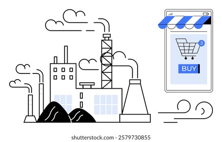 Industrial factory buildings with smoke and piping next to a smartphone with a shopping cart buy button. Ideal for e-commerce, manufacturing industry, online shopping, digital transformation