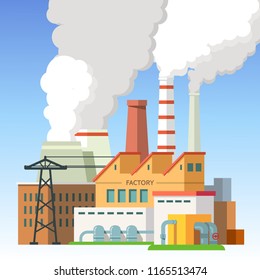 Industrial factory buildings and smoking chimney pipes with blue sky in background. Combined heat and power station or thermal power plant scenery. Industry air pollution. Flat vector illustration