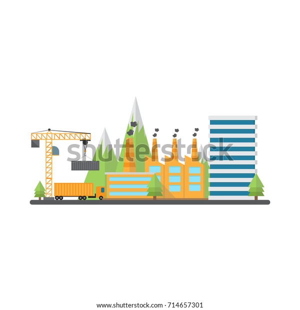 Industrial factory buildings and urban\
landscape, vector\
illustration.\
