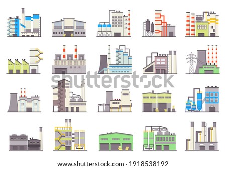 Industrial factory buildings. Warehouse, manufacturing building and power station flat vector icons set