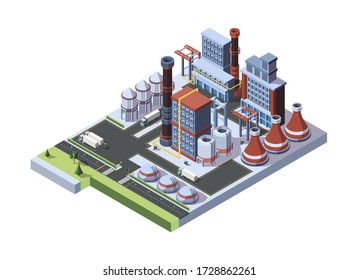 Industrial factory built. A concept of an industrial working plant with full storage facilities, arriving trucks, chimney tower chimney and crane. Production engineering scheme. Vector flat style.