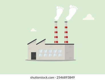 Industrial Factory Carbon Footprint Environmental Impact Illustration. Carbon footprint smoke rising from industrial chimneys represents carbon footprint and air pollution. Carbon footprint vector