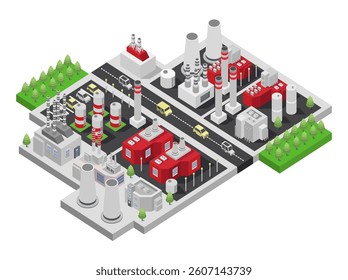 Industrial factory with chimney and machinery isometric on white background