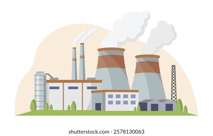 Industrial factory with chimneys and cooling towers illustration. Vector illustration