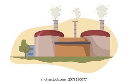 Industrial factory with chimneys emitting smoke on a light background. Vector illustration