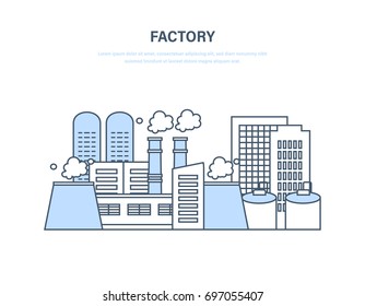 Industrial factory in city street urban landscape. Manufacturing factory building. Industrial city. Illustration thin line design of vector doodles, infographics elements.