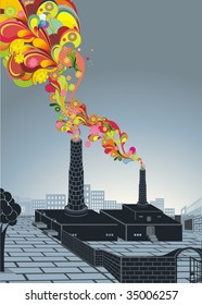 industrial factory and colorful floral smoke