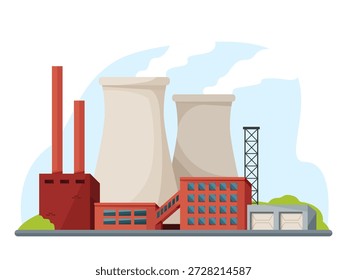 Complexo industrial da fábrica com chaminés, torres de refrigeração, e edifícios no estilo liso dos desenhos animados no fundo branco. Conceito de produção de energia. Ilustração vetorial