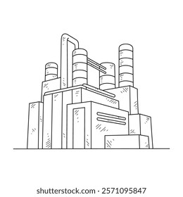 Industrial Factory Complex Line Art - Manufacturing Plant with Smokestacks and Buildings Black and White Architectural Drawing in Minimalist Style. Architectural and building themes design vector.