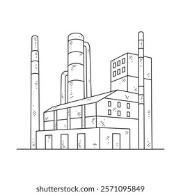 Industrial Factory Complex Line Art - Manufacturing Plant with Smokestacks and Buildings Black and White Architectural Drawing in Minimalist Style. Architectural and building themes design vector.