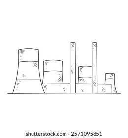 Industrial Factory Complex Line Art - Manufacturing Plant with Smokestacks and Buildings Black and White Architectural Drawing in Minimalist Style. Architectural and building themes design vector.