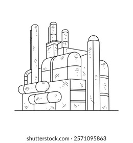 Industrial Factory Complex Line Art - Manufacturing Plant with Smokestacks and Buildings Black and White Architectural Drawing in Minimalist Style. Architectural and building themes design vector.