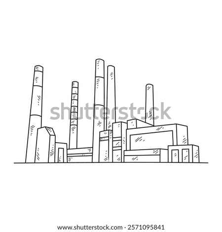 Industrial Factory Complex Line Art - Manufacturing Plant with Smokestacks and Buildings Black and White Architectural Drawing in Minimalist Style. Architectural and building themes design vector.