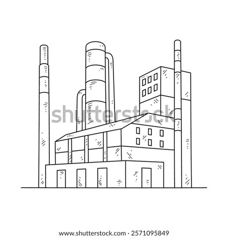 Industrial Factory Complex Line Art - Manufacturing Plant with Smokestacks and Buildings Black and White Architectural Drawing in Minimalist Style. Architectural and building themes design vector.