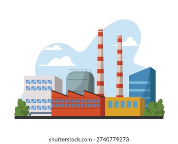 Industrial factory complex with tall chimneys, manufacturing