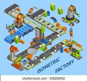 Industrial factory concept with isometric robots and machinery vector illustration