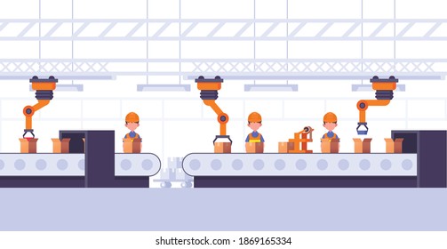 Industrial factory conveyor with production packing process concept. Factory line industry, industrial belt automation illustration