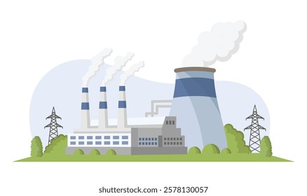 Industrial factory and cooling towers emitting steam. Vector illustration