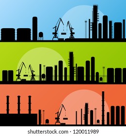 Industrial factory and crane construction site sunset landscape silhouette illustration collection background vector