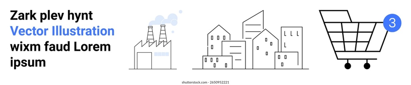 Fábrica industrial emitindo fumaça, um aglomerado de edifícios urbanos e um carrinho de compras com um crachá de notificação. Ideal para urbanização, comércio, indústria, imobiliário, e-commerce, notificação
