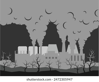 Industrial Factory Environment Pollution Flat Concept Black and White. Heavy industries concept vector art