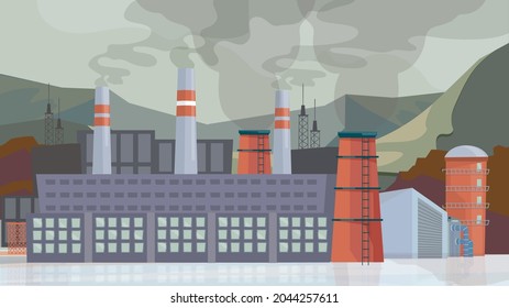 Industrial Factory Exterior Concept In Flat Cartoon Design. Plant Building With Pipes, Toxic Emissions From Production And Fumes, Industrial Architecture. Vector Illustration Horizontal Background