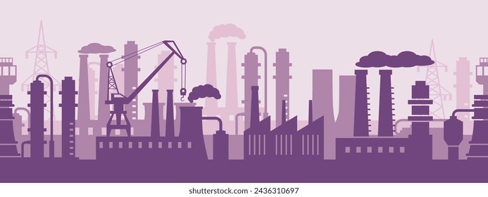 Industrial factory exterior. Manufacturing infrastructure skyline silhouette, production facilities and panoramic industrial area seamless vector landscape background illustration. Environment