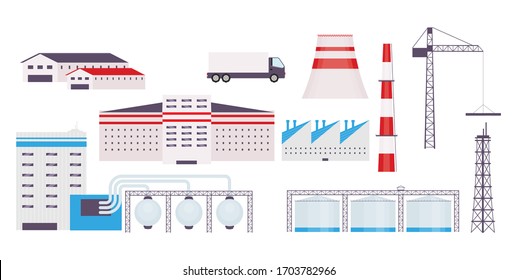 Industrielle Fabrik flache Vektorobjekte Set. Kraftwerksgebäude, Transport, Baukranich, Rohrleitungen und Schornsteine 2D einzelne Cartoon-Illustrationen auf weißem Hintergrund. Energieerzeugung