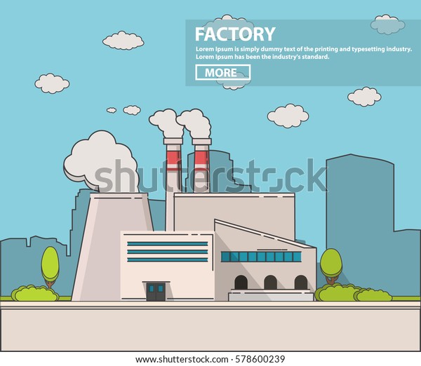 Industrial factory flat Line art vector an\
illustration.Plant or Factory Building road tree window\
facade.Manufacturing factory building. industrial building\
concept.Eco style factory.City\
landscape