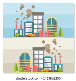 Industrial factory in flat style a vector an illustration.Plant or Factory Building.road tree window facade.Manufacturing factory building. industrial building concept.Eco style factory. City landscap