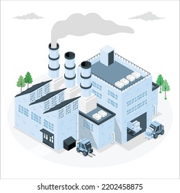 Industrial factory in flat style a vector an illustration.Plant or Factory Building.road tree window facade.Manufacturing factory building. industrial building concept.Eco style factory.City landscape