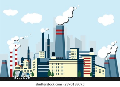 Industrial factory in flat style vector illustration. Industrial Plant or Factory Building. road tree window faced. Manufacturing factory building.  smoking building concept. 