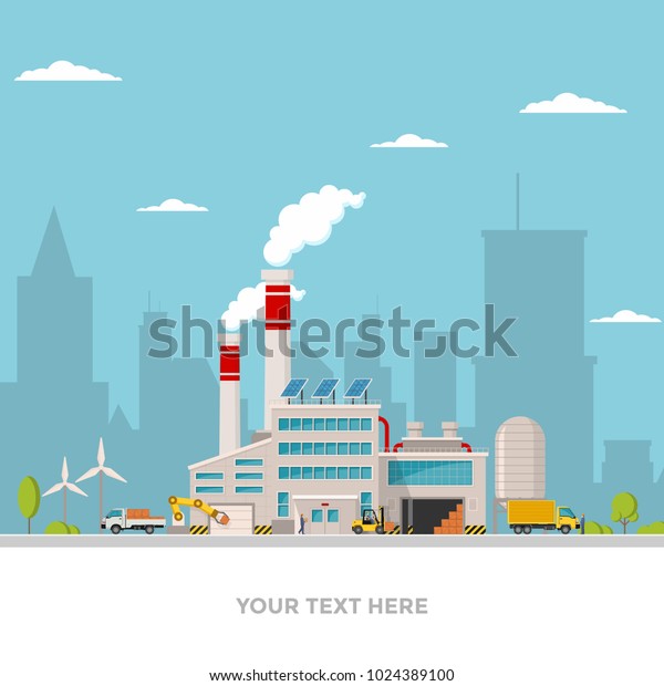 Industrial factory in flat style a vector an\
illustration. Factory, road, tree, window facade. Eco style factory\
ity landscape vector\
illustration