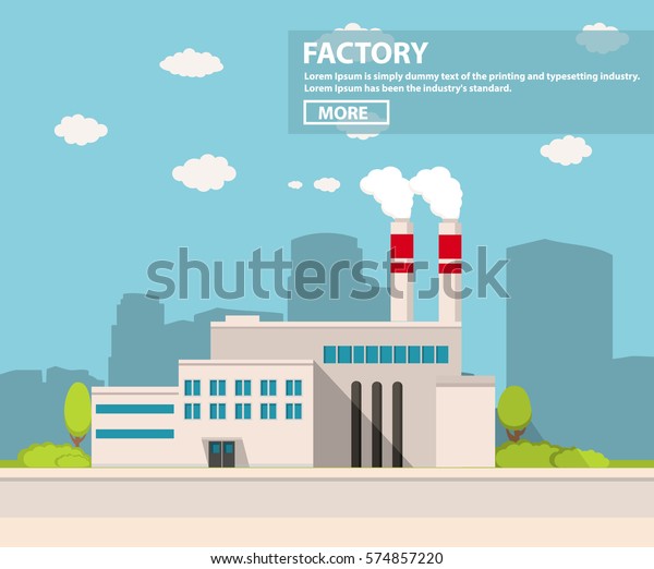 Industrial factory in flat style a vector an\
illustration.Plant or Factory Building.road tree window\
facade.Manufacturing factory building. industrial building\
concept.Eco style factory.City\
landscape