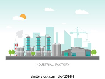 Industrial factory in a flat style.Vector and illustration of manufacturing building. Eco style concept. City landscape