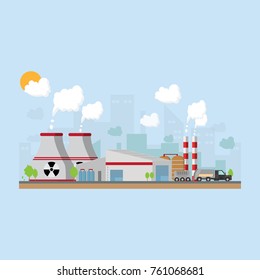 Industrial Factory In A Flat Style.Vector And Illustration Of Manufacturing Building.Eco Style Concept.City Landscape