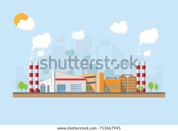平らなスタイルの工業工場 ベクター画像と製造ビルのイラスト エコスタイルのコンセプト 都市景観 のベクター画像素材 ロイヤリティフリー