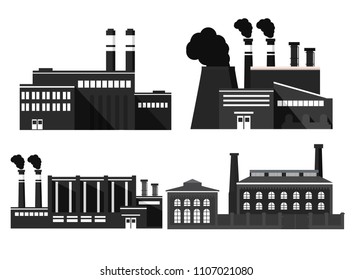 Industrial factory icon.Chimney plant building facade.Flat style a vector.Isolated on a white background.Black silhouette.
