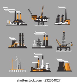 industrial factory icons on gray background