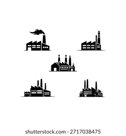 Ikonen der industriellen Fabrik setzen Vektorgrafik der Produktionsanlagen Kraftwerke und Schornsteine Silhouetten schwarz