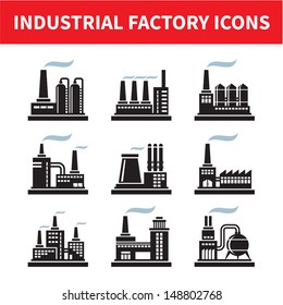 Industrial Factory Icons - Vector Set. Plant building illustration. Design elements.