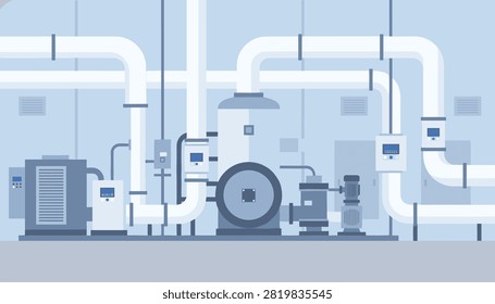 Industrial factory interior featuring large boilers, heavy machinery, and intricate pipe networks.